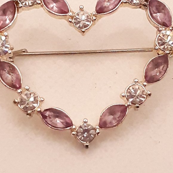 Pink and White Rhinestone Silver Tone Heart Brooch - Picture 3 of 7